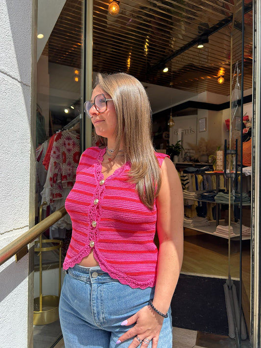 Gilet Crochet Rayé Rose & Rouge