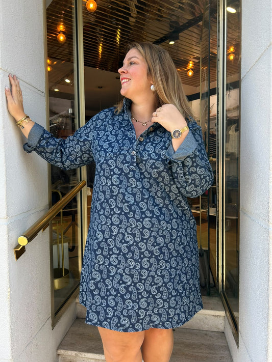 Robe chemise en jean imprimé paisley