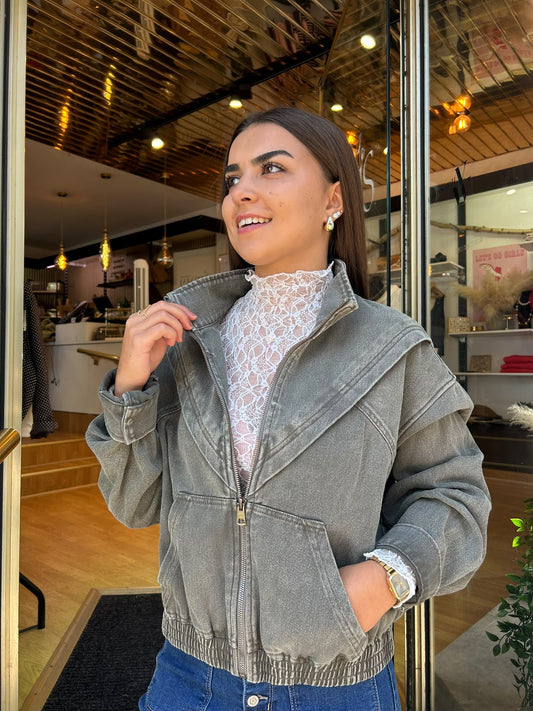 Veste Bomber Oversize en Denim Kaki