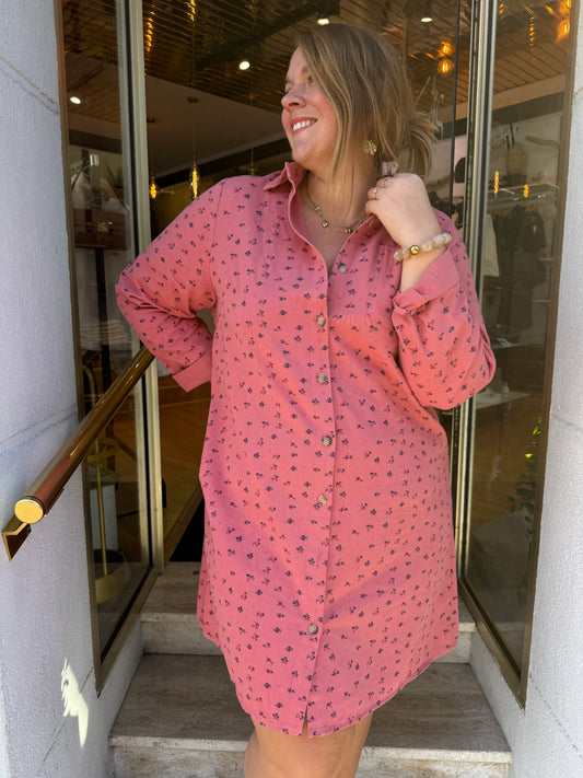 Robe chemise boutonnée rose à petites fleurs