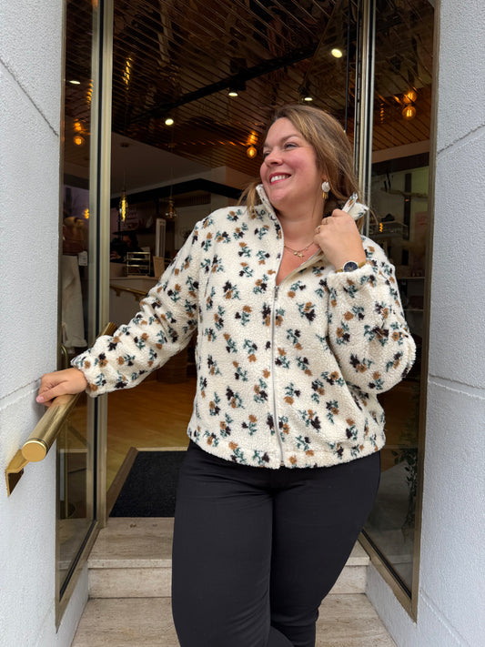 Veste polaire teddy zippée petites fleurs écru