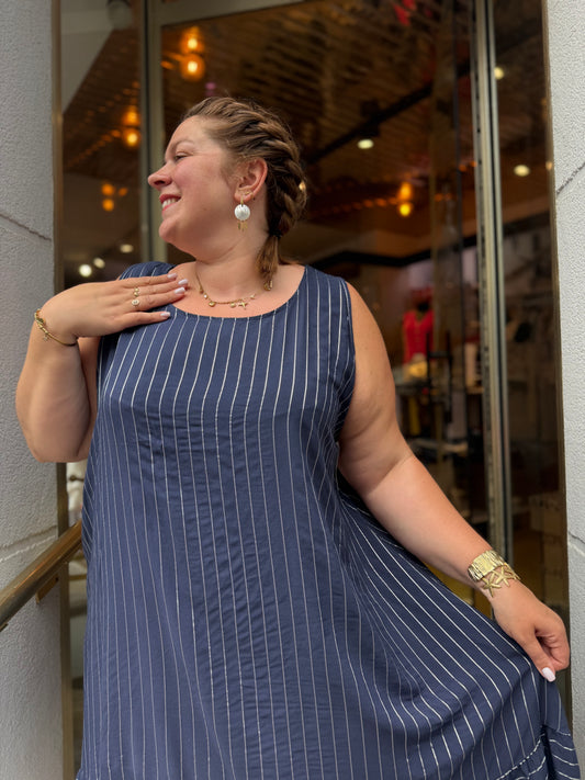 Robe débardeur viscose rayures bleu marine — Volant bas | Grande Taille 46-52