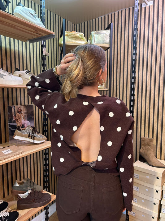 Pull à pois dos ouvert noué chocolat