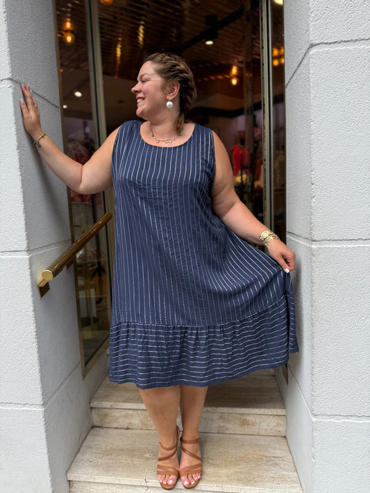 Robe débardeur viscose rayures bleu marine — Volant bas | Grande Taille 46-52