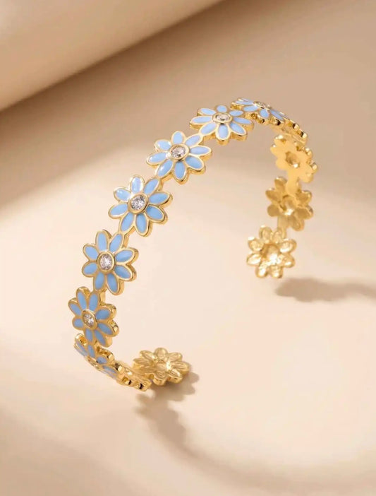 Jonc Marguerites Émaillées Bleu – Acier Inoxydable