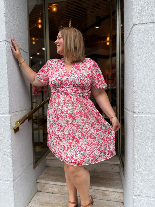 Robe Léonie – Florale Rose Cache-Cœur Midi