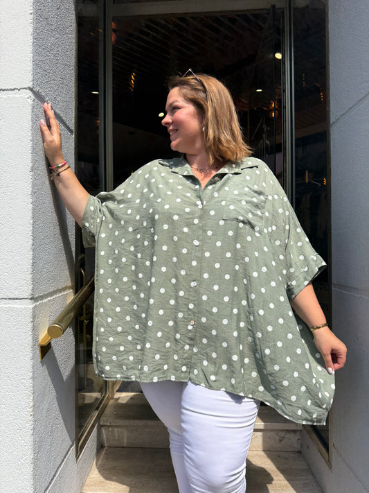 Chemise oversize viscose kaki à pois — Grande Taille 46-56