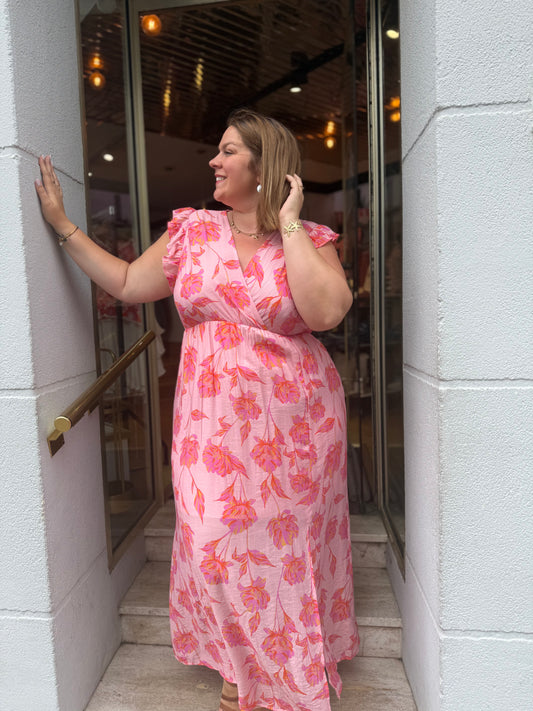 Robe Florine - Longue imprimé floral fuchsia, volants