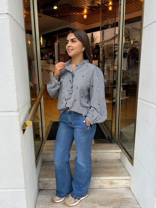 Blouse vichy cœurs brodés marine