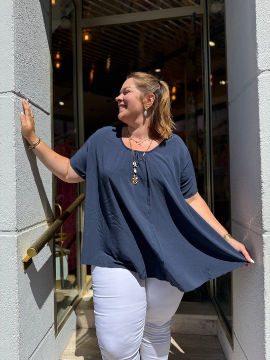 T-shirt  viscose bleu marine — Dentelle dos papillon | Grande Taille 44-52