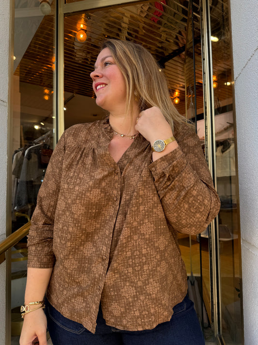Blouse imprimé paisley caramel col volanté