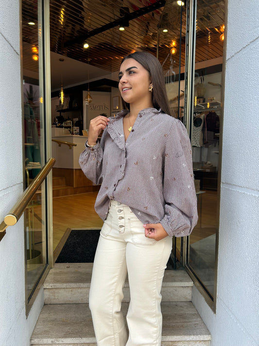 Blouse vichy cœurs brodés marron