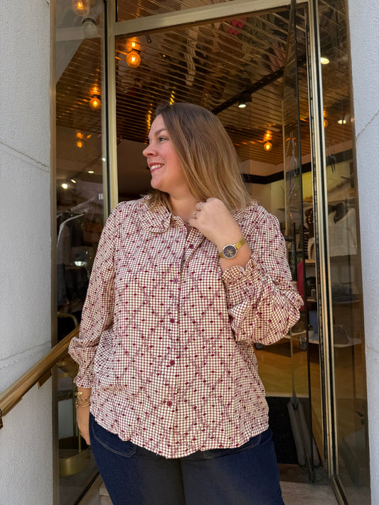 Blouse vichy bordeaux à fleurs brodées
