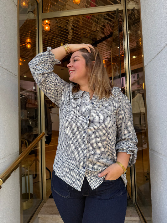 Blouse vichy marine à fleurs brodées