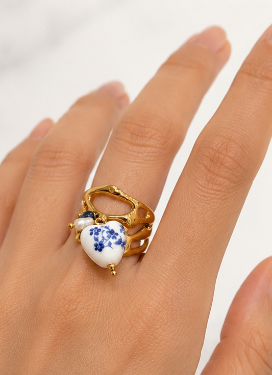 Bague Cœur Porcelaine Fleurie