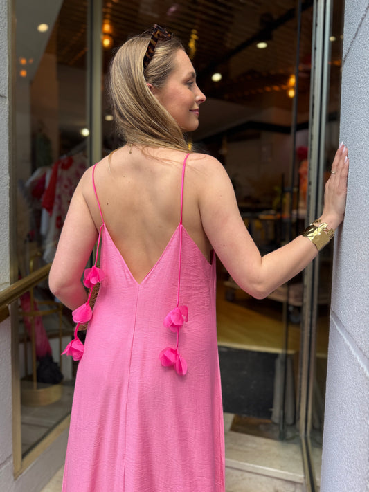 Robe Longue Bretelles Pompons Dos Nu - Rose Fushia
