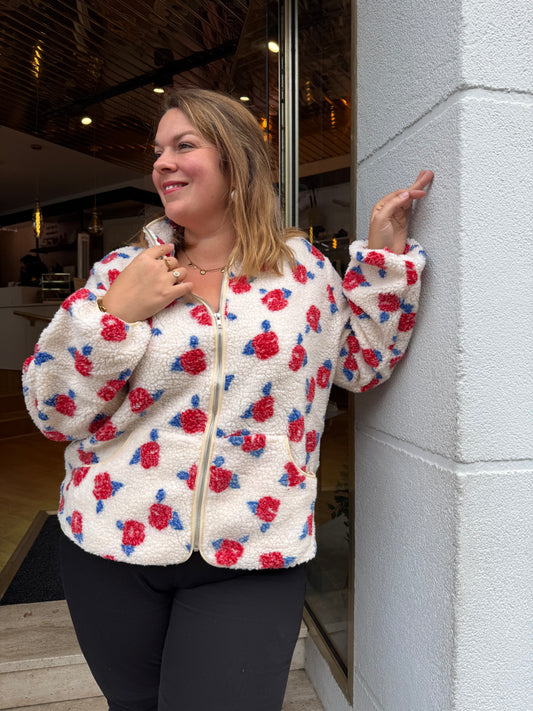 Veste polaire teddy zippée roses rouges