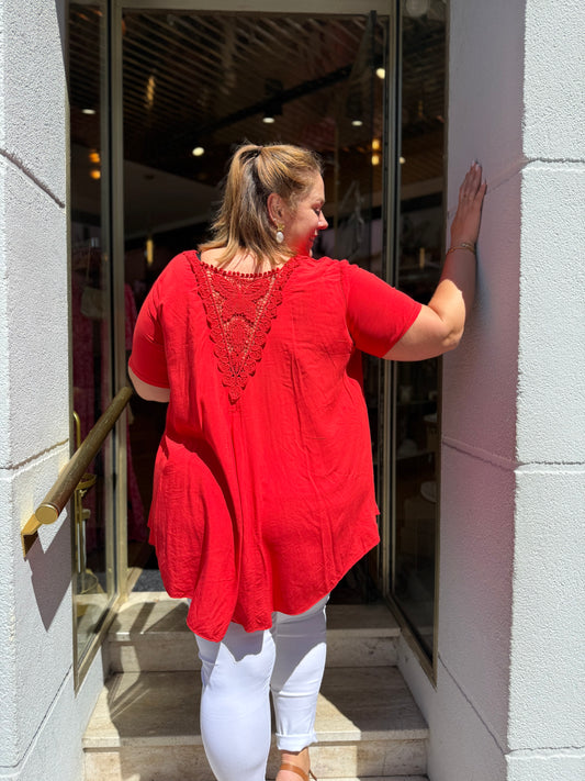 T-shirt  viscose rouge  — Dentelle dos papillon | Grande Taille 44-52