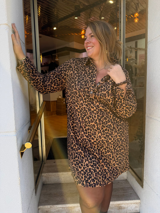 Robe chemise velours côtelé léopard