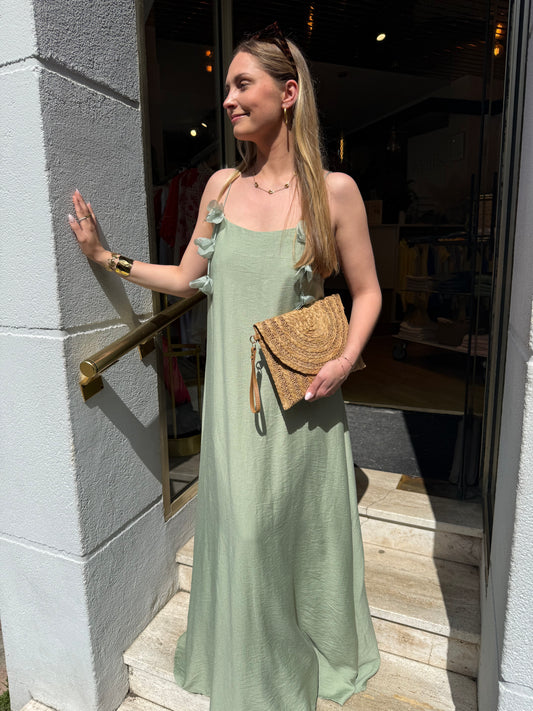 Robe Longue Bretelles Pompons Dos Nu Vert Sauge