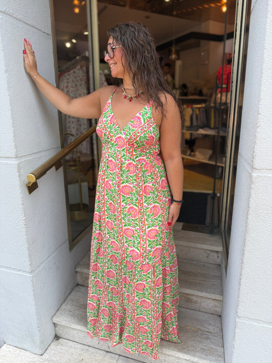 Robe Longue Florale Rose Vert Bohème