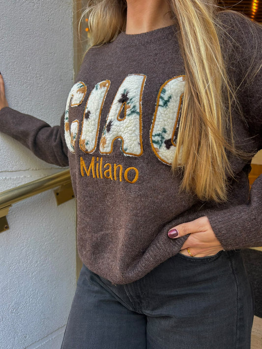 Pull CIAO Milano bouclette fleurie chocolat