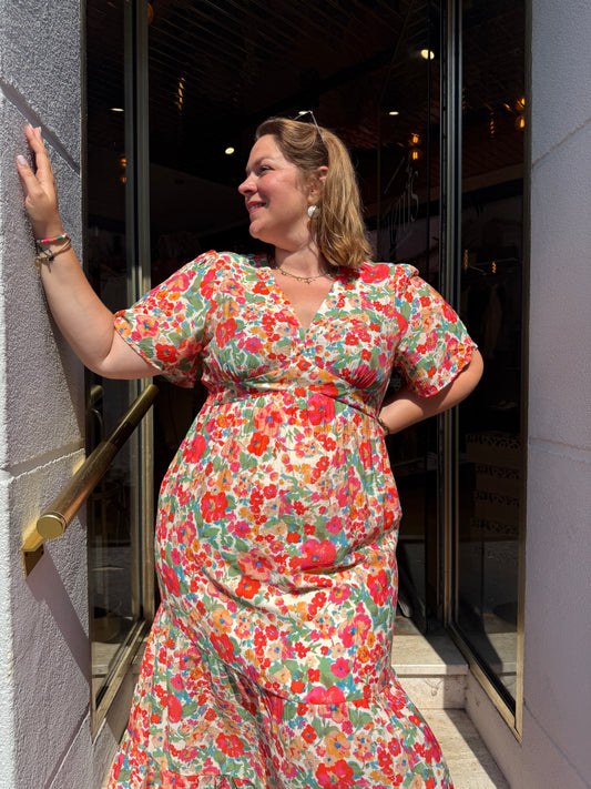 Robe Longue Fleurie Corail Rose