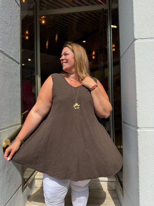 Débardeur long gaze de coton marron Col V | Grande Taille 46-54