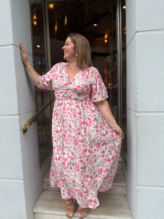 Robe Céleste Florale Cache-Cœur Rose Poudré