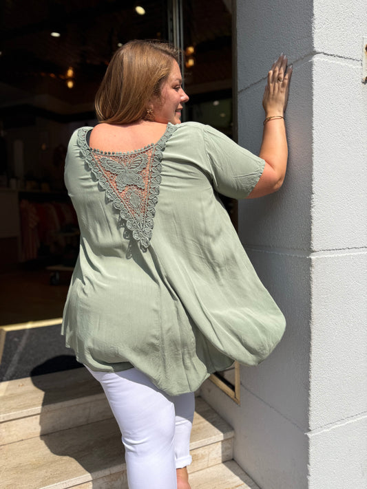 T-shirt kaki viscose   — Dentelle dos papillon | Grande Taille 44-52