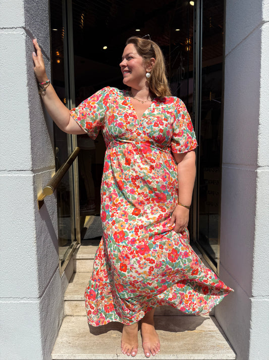 Robe Longue Fleurie Corail Rose