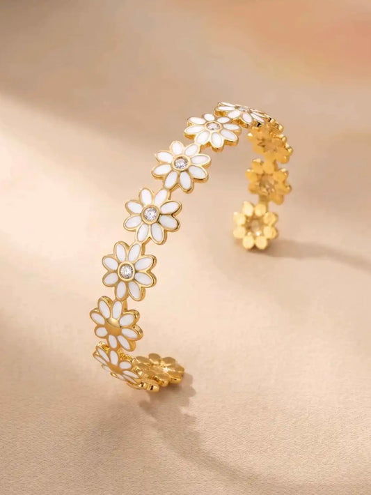 Jonc Marguerites Émaillées Blanc – Acier Inoxydable