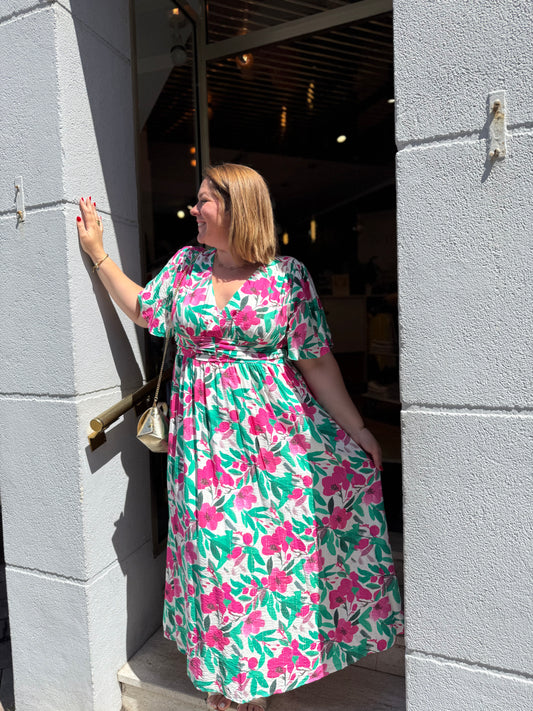 Robe Longue Fleurie Grande Taille — Imprimé Rose & Vert | Coupe Enveloppante Curvy