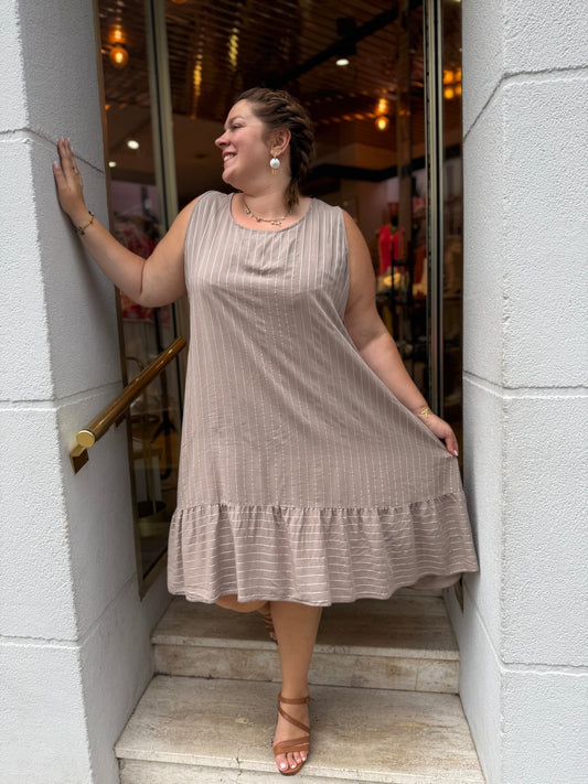 Robe débardeur viscose rayures taupe — Volant bas | Grande Taille 46-52