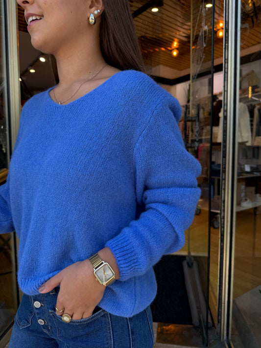 Maille  col V Anna bleu ciel