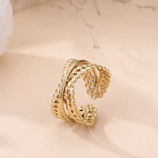 Bague croisée perlée dorée – Acier inoxydable