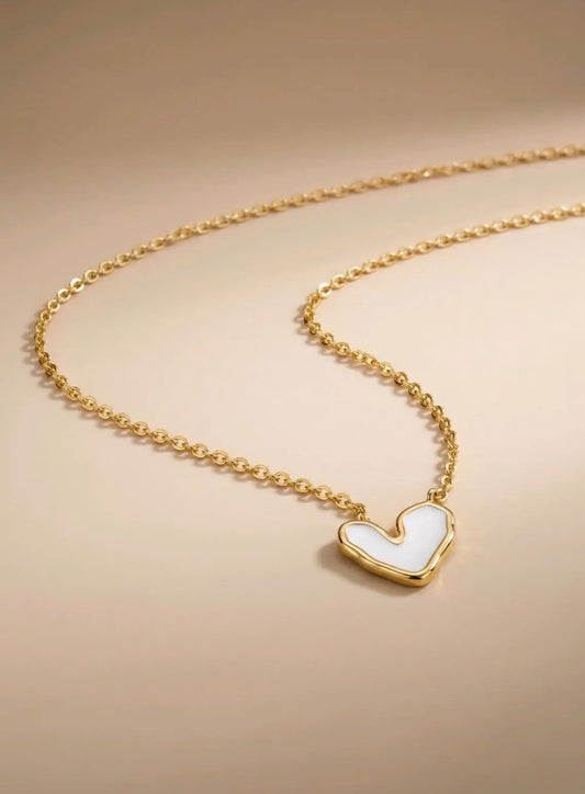 Collier Chaîne Pendentif Cœur Émail Blanc - Acier Inoxydable