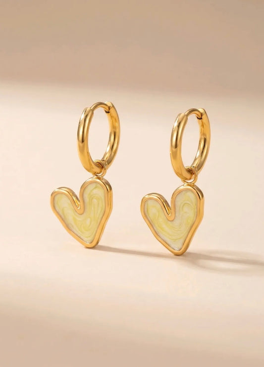 Boucles d'Oreilles Créoles Cœur Émail Jaune - Acier Inoxydable