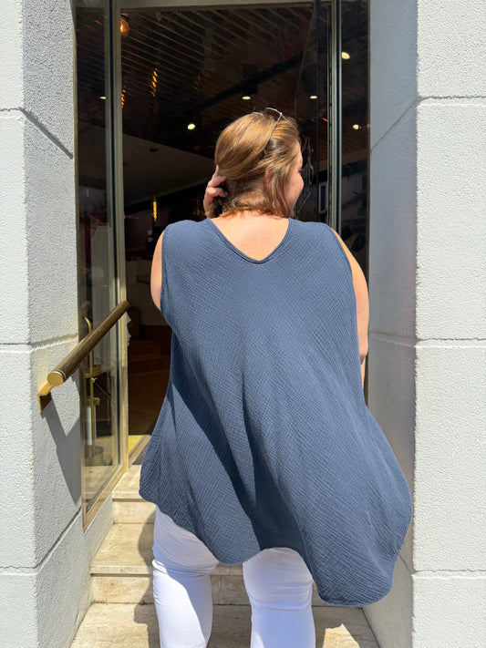 Débardeur long gaze de coton bleu marine Col V | Grande Taille 46-54