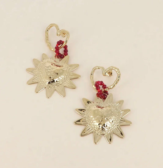 Boucles d'oreilles Soleil Doré & Perles Rouges