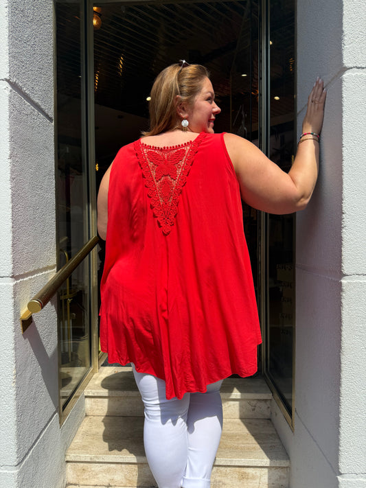 Débardeur viscose rouge — Dentelle dos papillon | Grande Taille 44-54
