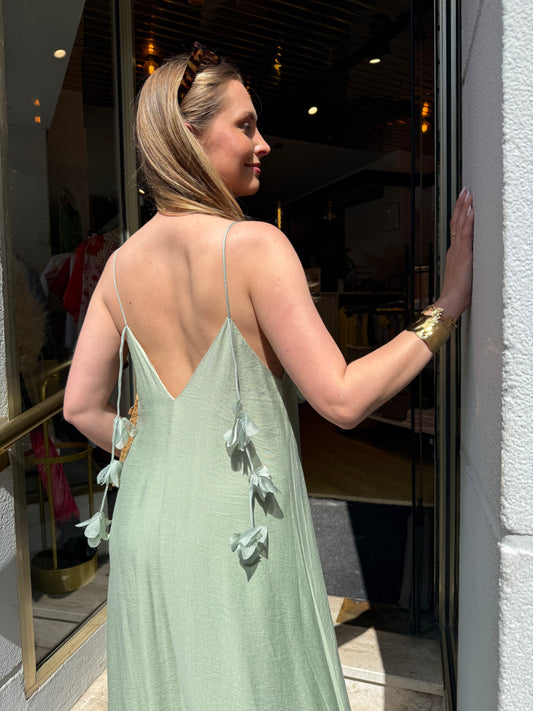 Robe Longue Bretelles Pompons Dos Nu Vert Sauge