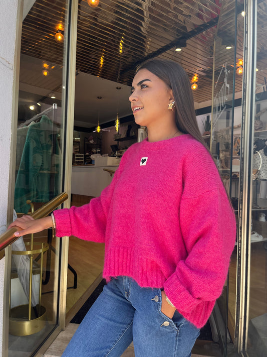 Pull oversize cœur fuchsia