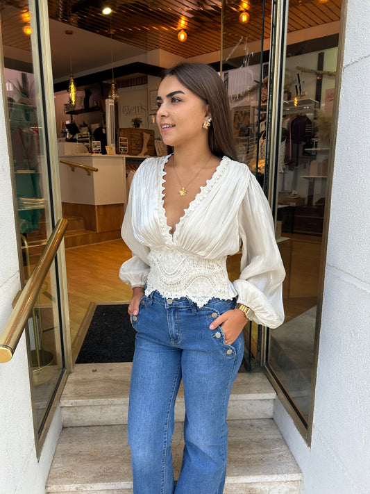 Blouse satin dentelle décolleté V ivoire