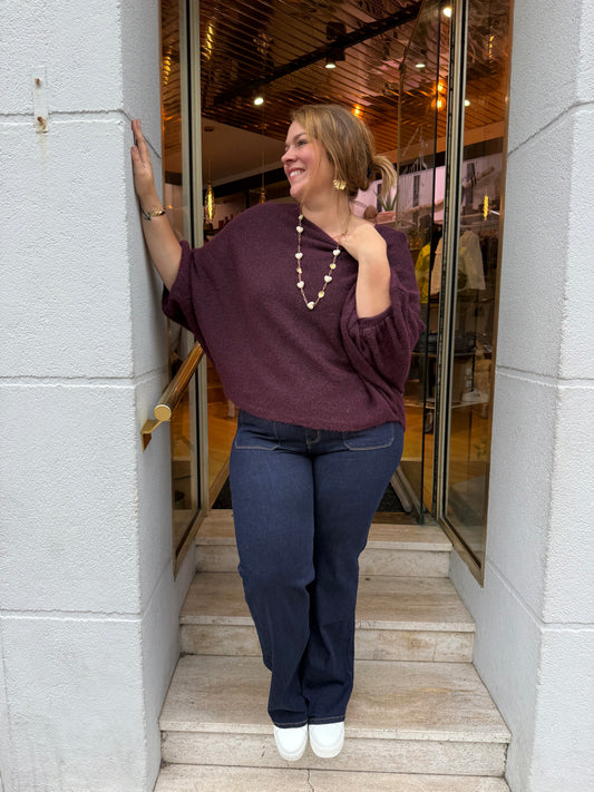 Pull oversize manches chauve-souris prune