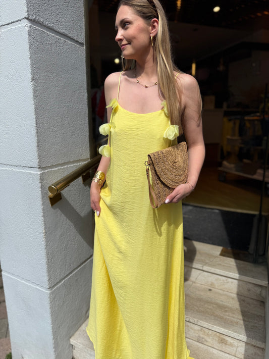 Robe Longue Bretelles Pompons Dos Nu - Jaune