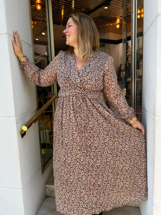 Robe longue cache-cœur à fleurs marron