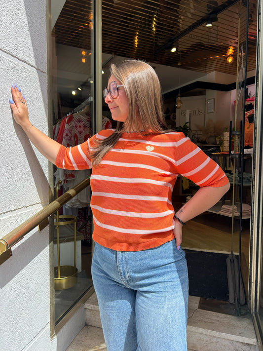 Top En Maille À Rayures Orange et Rose