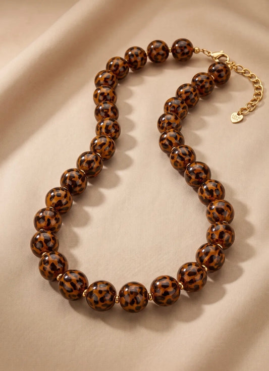 Collier grosses perles léopard doré – Acier inoxydable