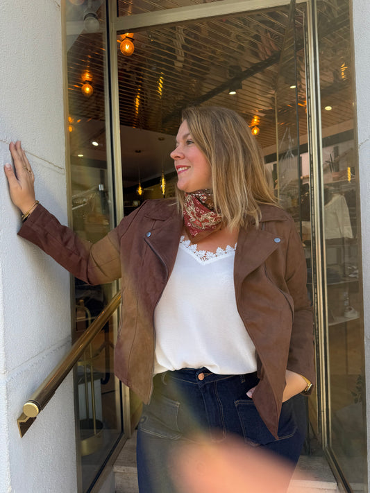 Veste perfecto effet daim marron